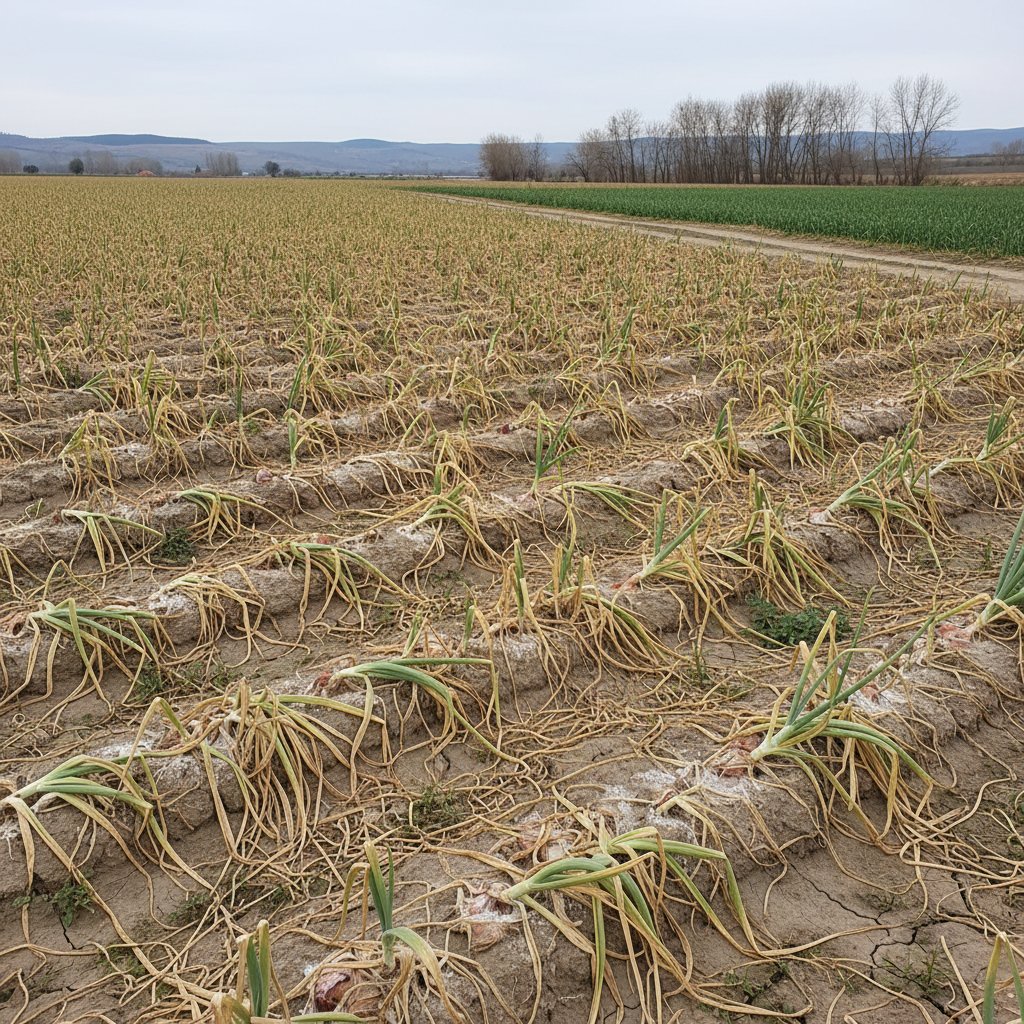 Pole cebuli z widocznymi objawami fuzariozy, zbliżenie na obumarłe liście