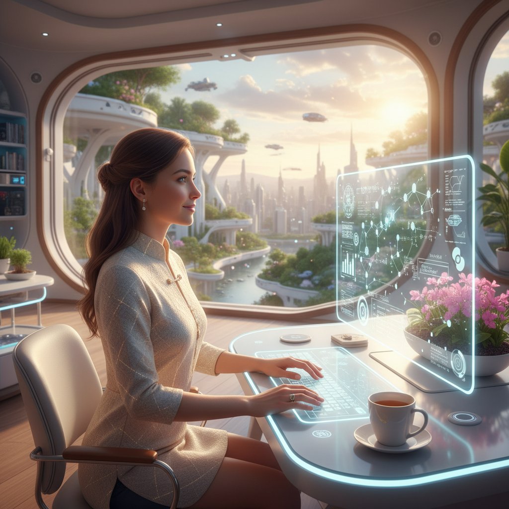 The future of online academic researcher productivity: Researcher gazing out window with digital notes and coffee, morning light streaming in