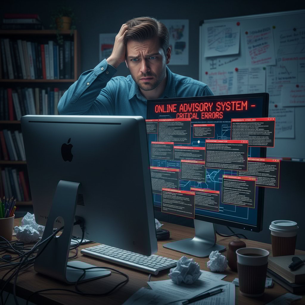 Błędy w doradztwie online – zdjęcie osoby zdezorientowanej przy komputerze, problem z konsultacją