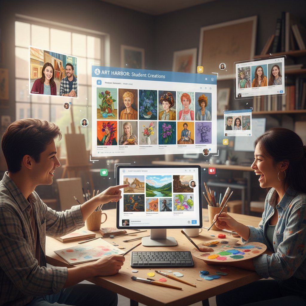 Grupa kursantów dzieląca się pracami i opiniami online, żywa społeczność kursu malarstwa