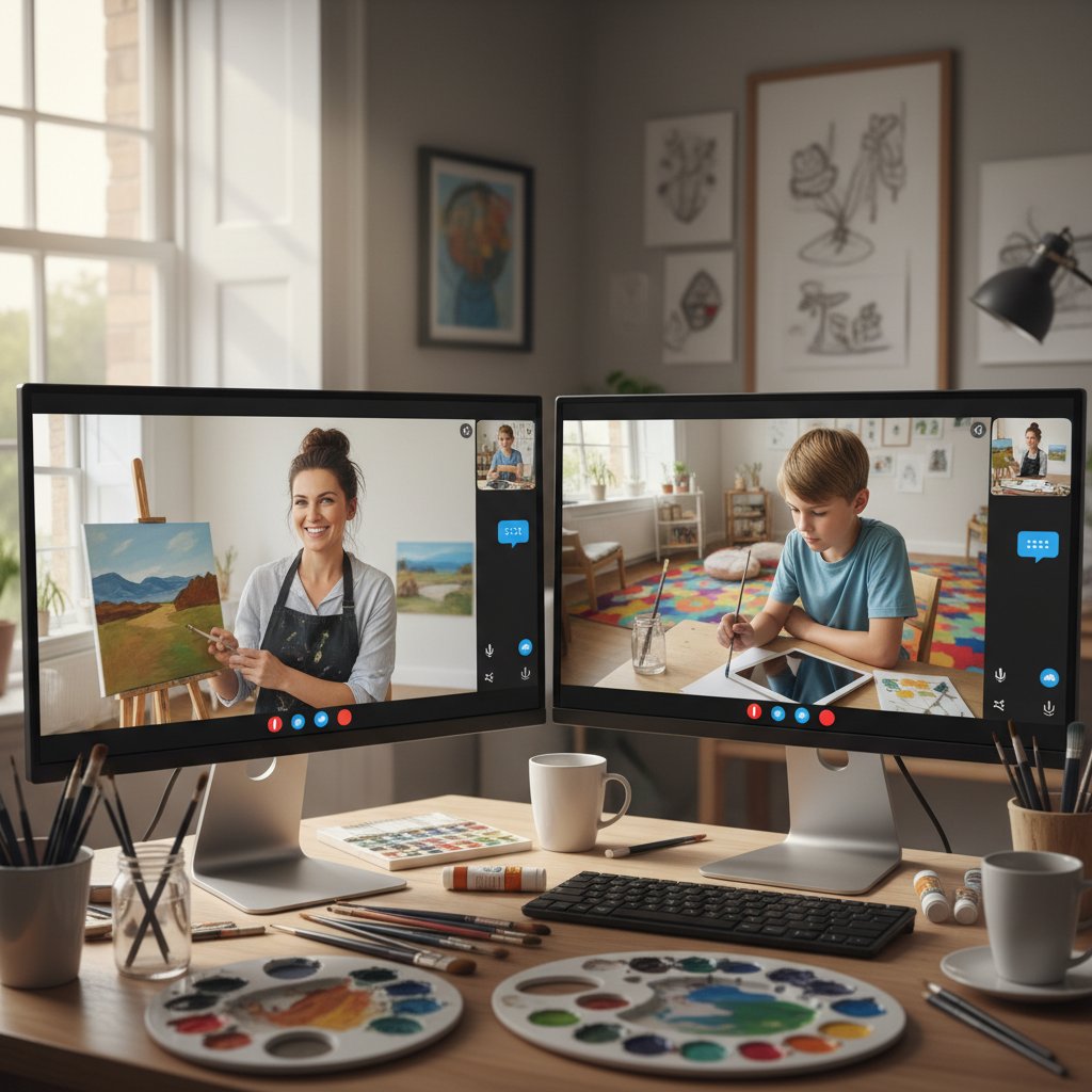 Nauczyciel prowadzący lekcję plastyki online z uczniem przez wideorozmowę