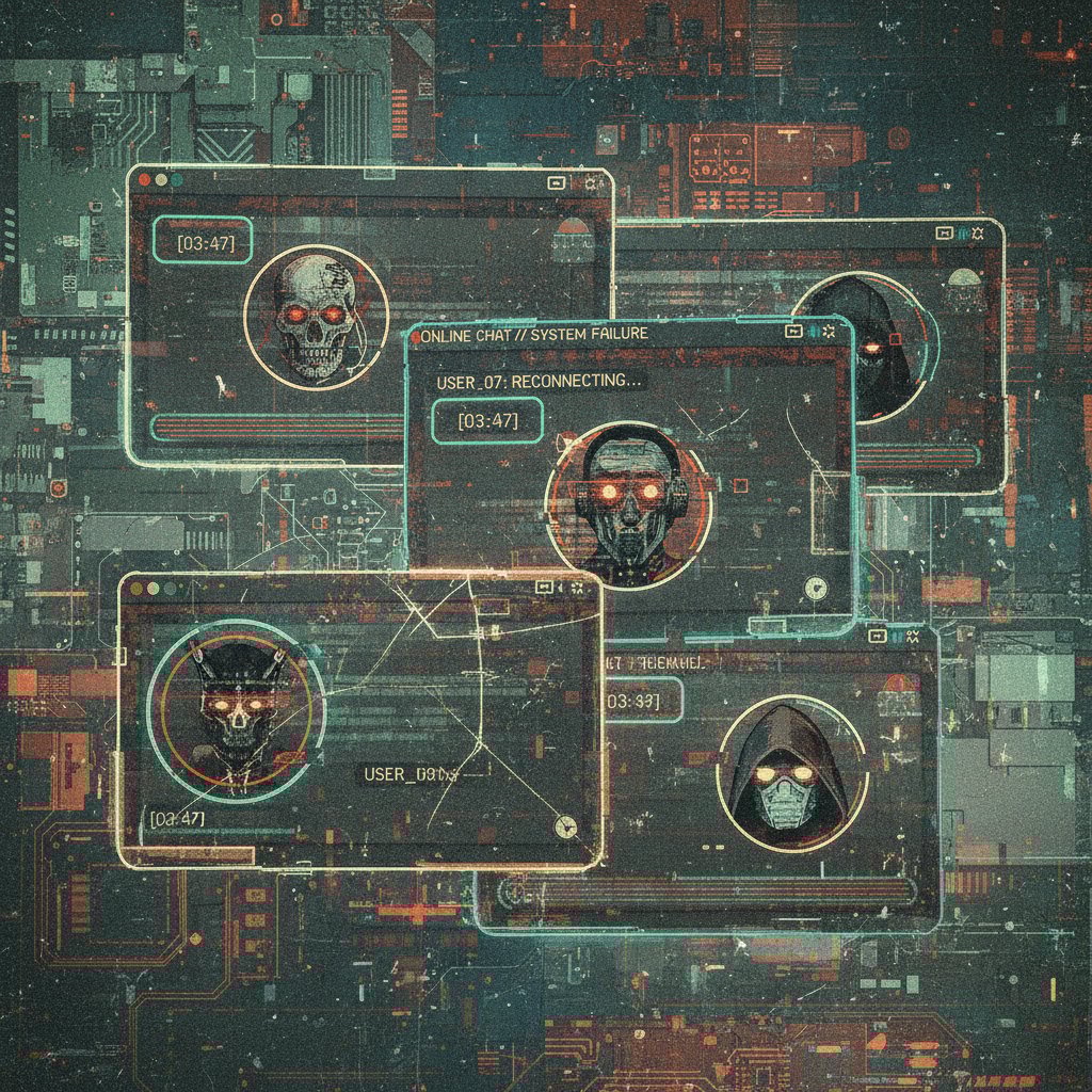 Kolaż awatarów i okienek czatu, symbolizujących ocenianie online