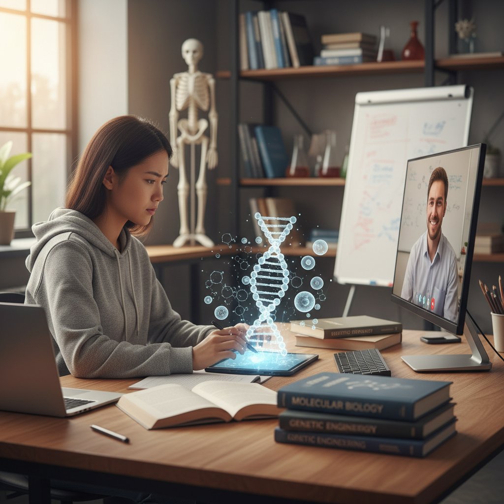 Nowoczesna sala biotechnologii online podczas zdalnych korepetycji, wyraźne skupienie ucznia, biotechnologiczne motywy, słowa kluczowe: zdalne nauczanie, biotechnologia, interaktywne lekcje online