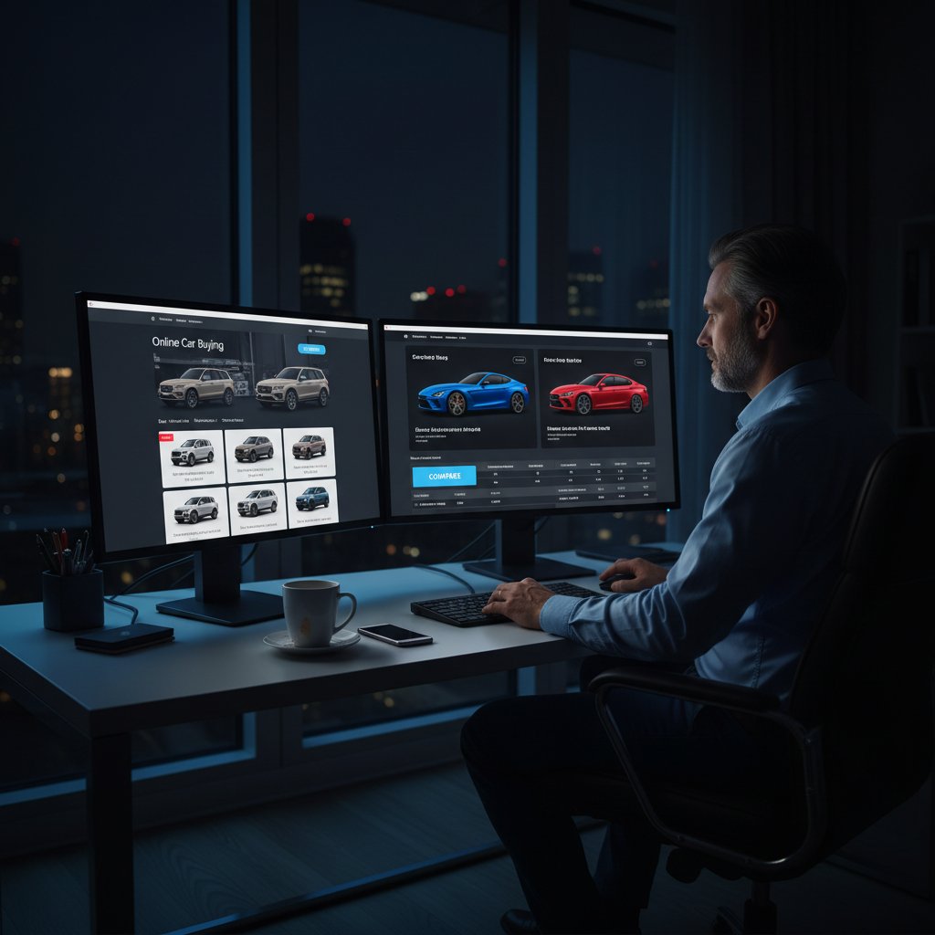 Buyer comparing multiple online car listings on dual screens at night, symbolizing digital car research