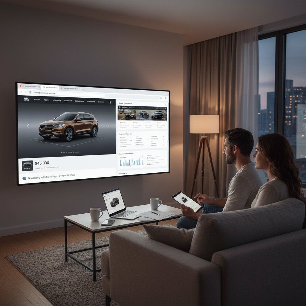 Buyer preparing for online car negotiation with digital research tools, surrounded by glowing screens