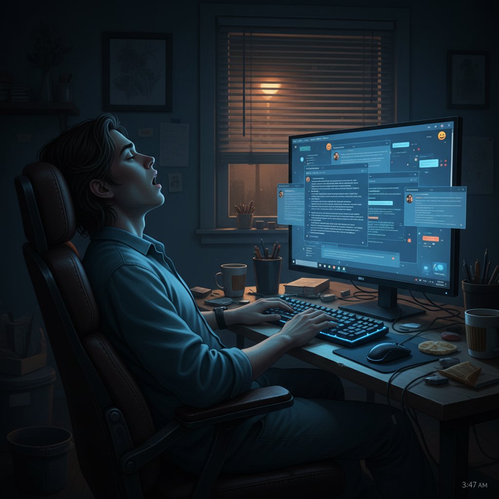 Uzależnienie od rozmów online – młoda osoba przy komputerze z wyrazem zmęczenia na twarzy