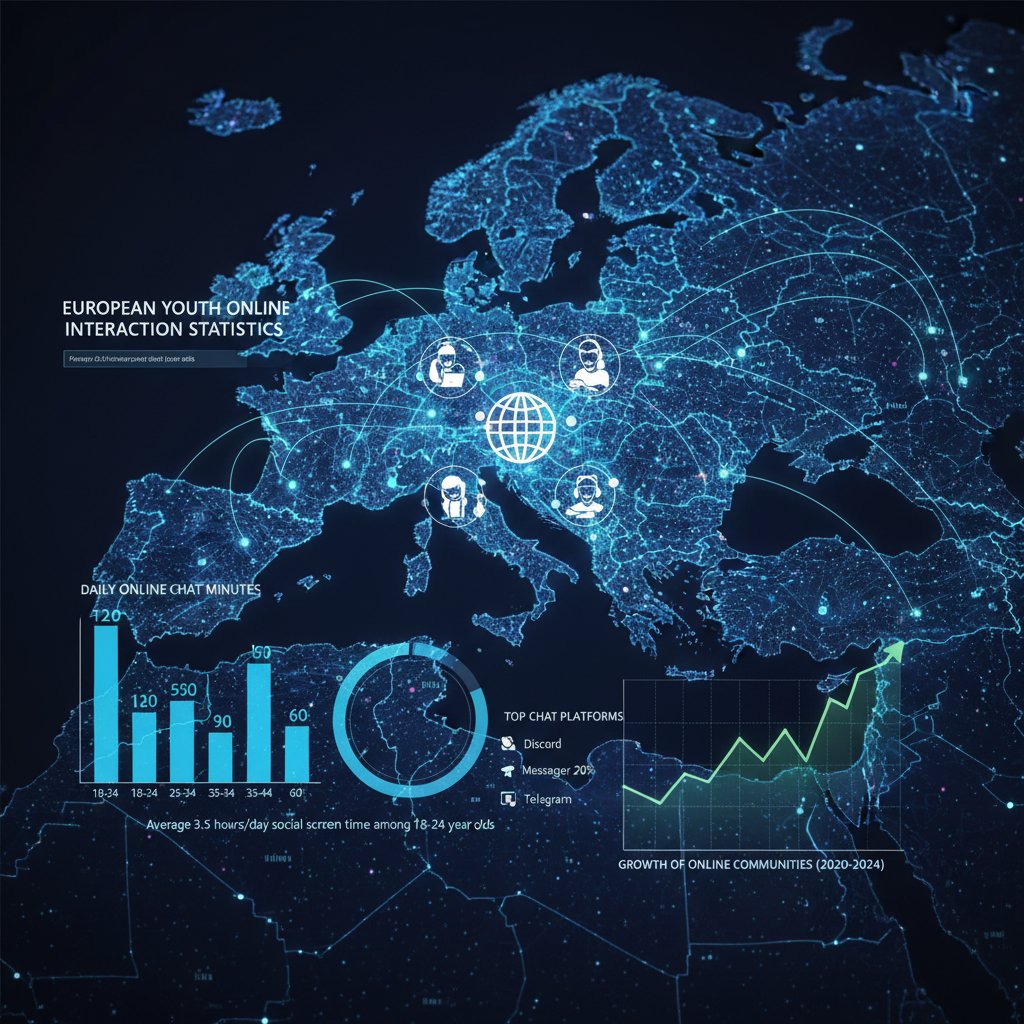 Statystyki rozmów online w Europie – młodzi ludzie przy komputerach, mapa