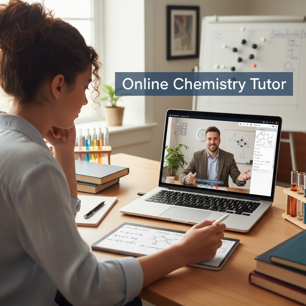 Nowoczesna nauka chemii online, uczeń z laptopem i nauczycielem przez internet