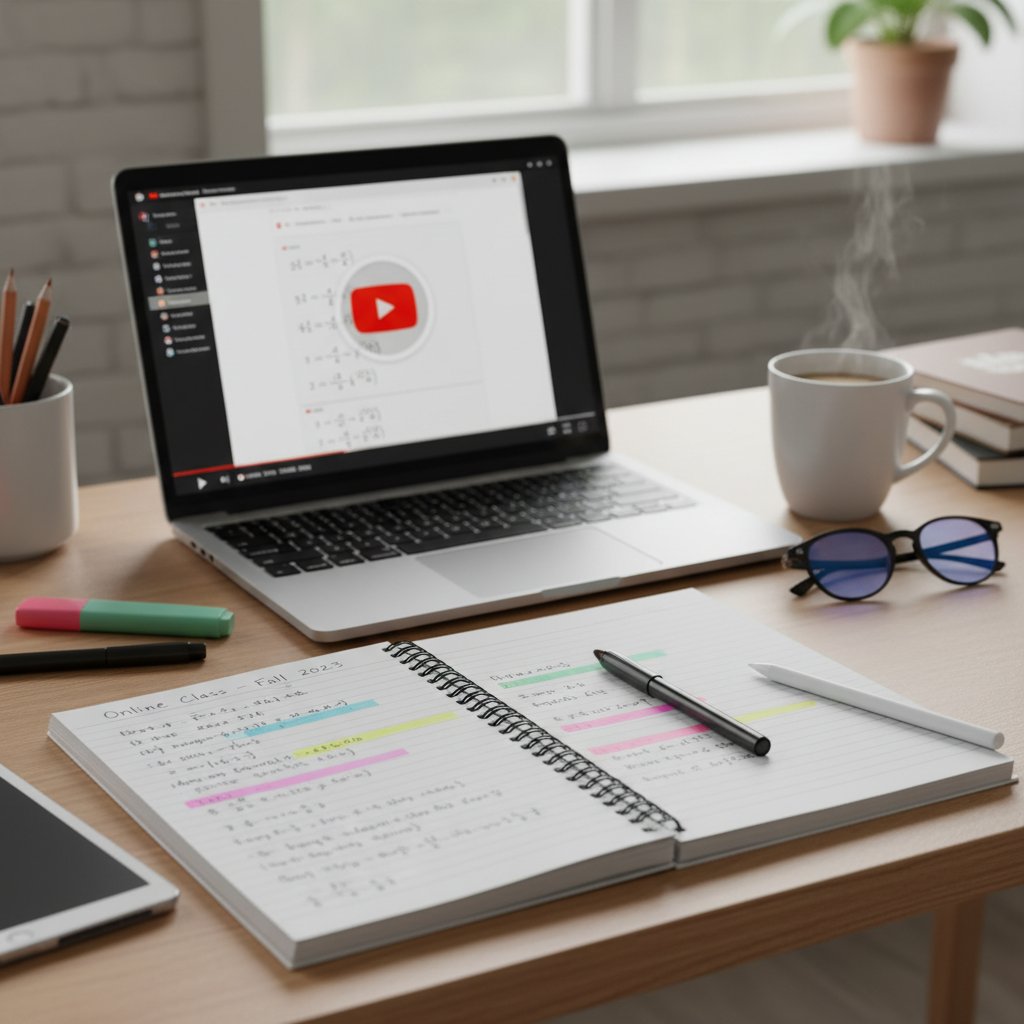 Maturzysta oglądający lekcję na YouTube z notatkami na biurku, otwarte okno czatu społecznościowego