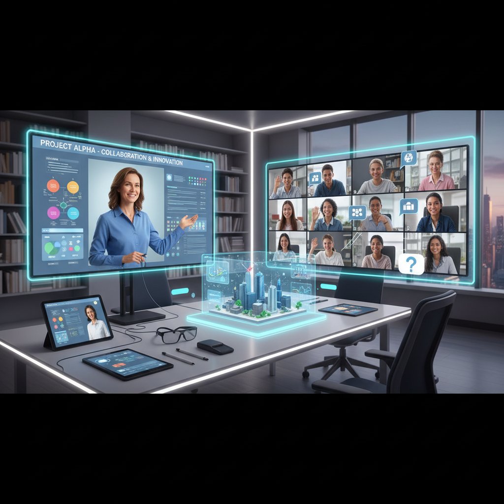 Nowoczesna klasa online z nauczycielem i uczniami na ekranie, technologia edukacyjna, atmosfera współpracy