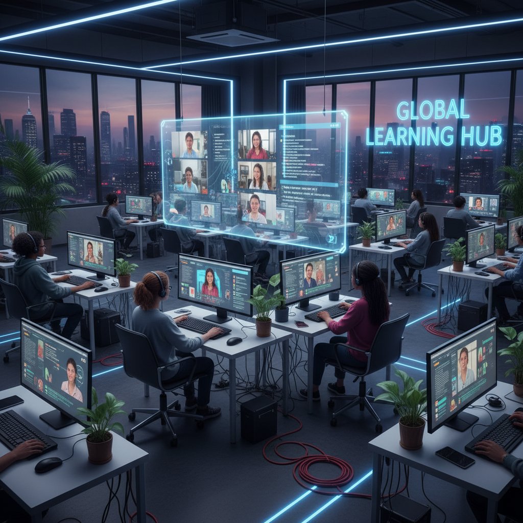 Nowoczesna sala lekcyjna online z uczniami przed komputerami, symbolizująca przyszłość edukacji