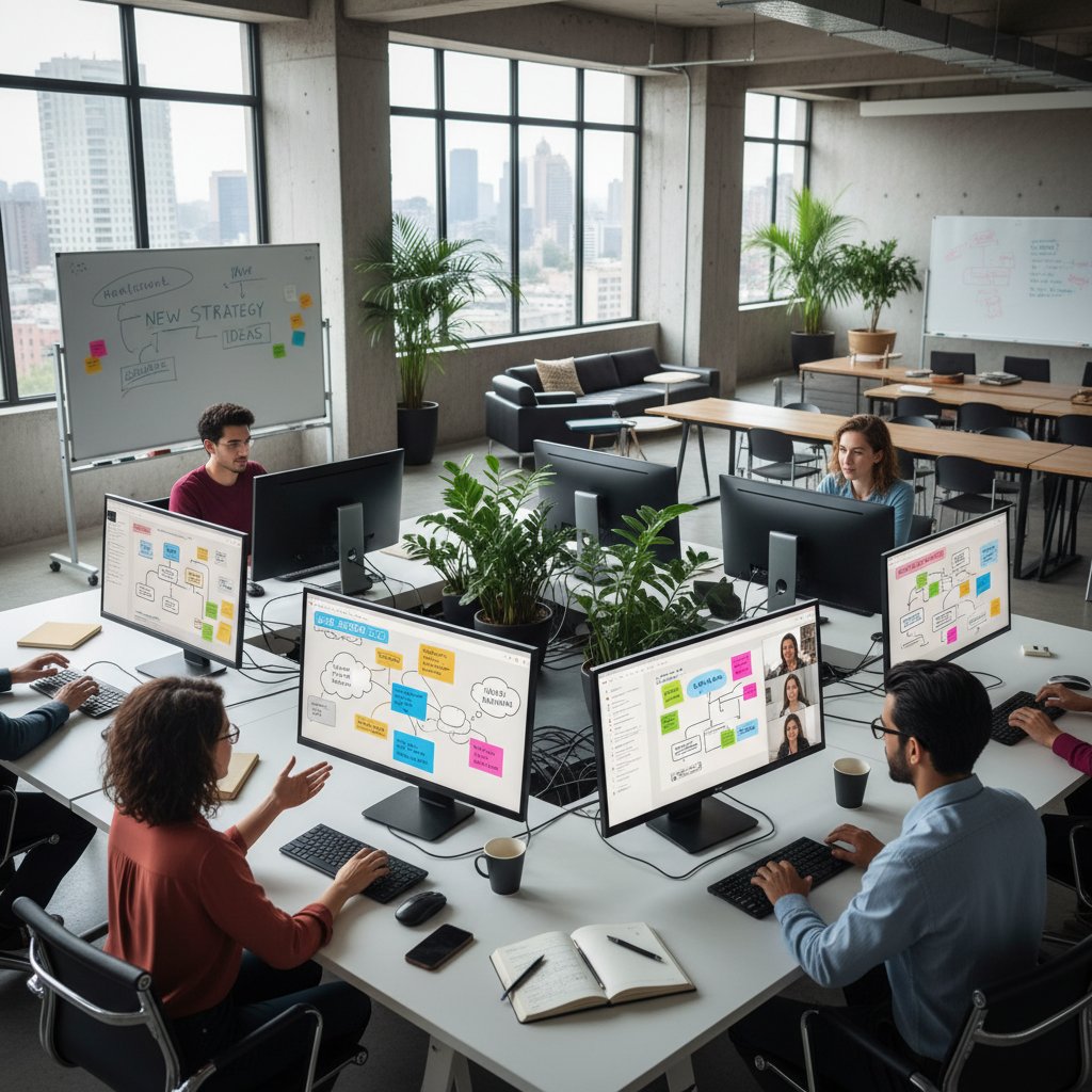 Grupa użytkowników online podczas kreatywnej burzy mózgów, nowoczesne biuro, ekrany komputerów