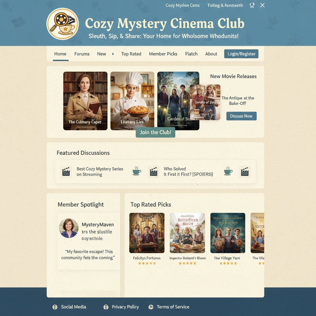Enthusiastic online community sharing cozy mystery movie recommendations in a forum interface