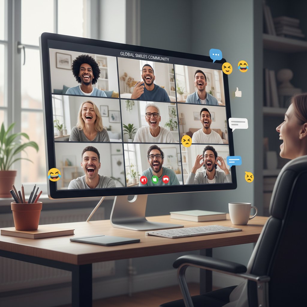 Społeczność internetowa śmiejąca się wspólnie podczas wideorozmowy, rozmowy online pełne śmiechu