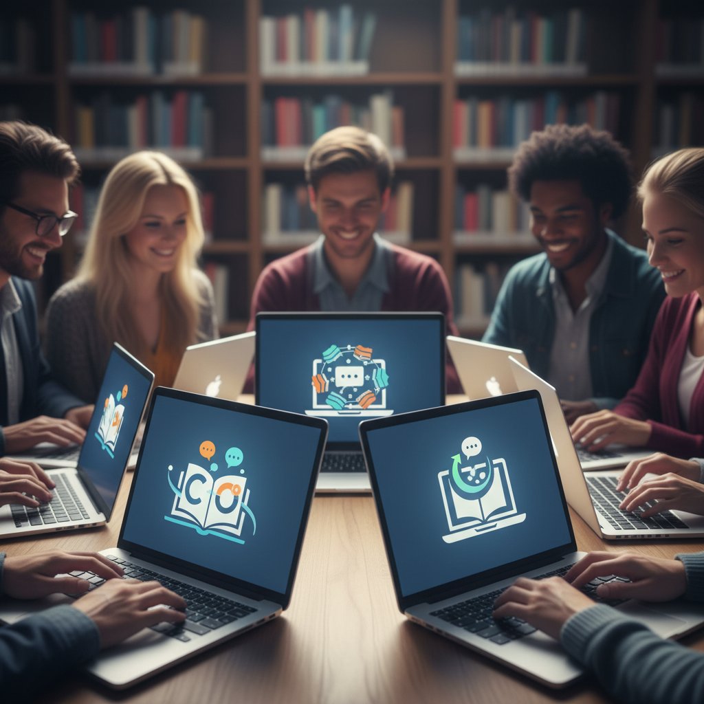 Źródła wsparcia i inspiracji dla nauczycieli online – kolaż logotypów społeczności, książek, laptop z oknem czatu