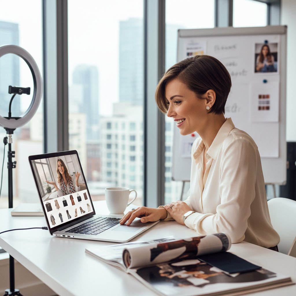Konsultacja online z personalnym stylistą, nowoczesny laptop, osoba omawiająca stylizacje, przyjazna atmosfera
