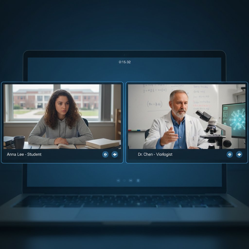 Student podczas wideokonferencji z ekspertem od wirusów, notatki na ekranie laptopa