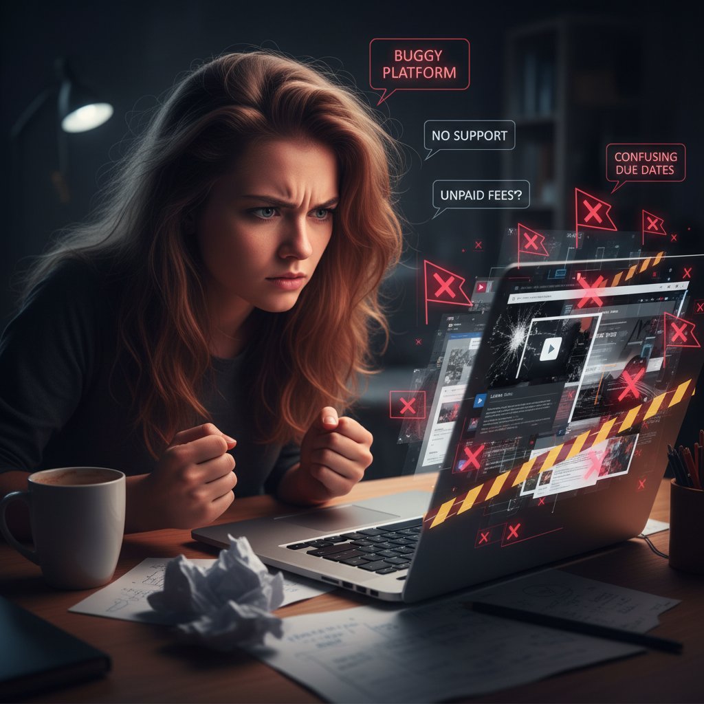 Zbliżenie na ekran z ostrzeżeniem „red flags” i niezadowolonego użytkownika przeglądającego materiały kursowe