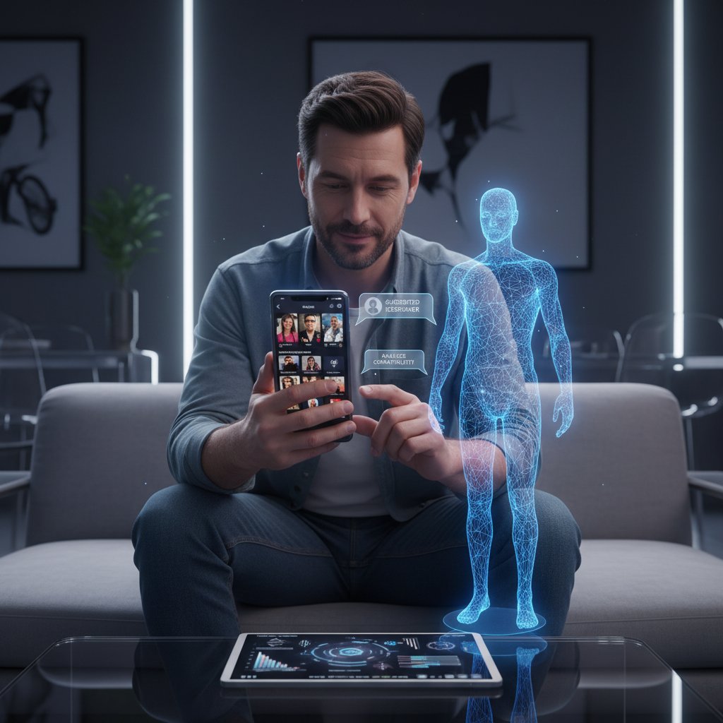 Randkowanie w aplikacji z AI, mężczyzna korzysta z wirtualnego trenera randkowego na smartfonie