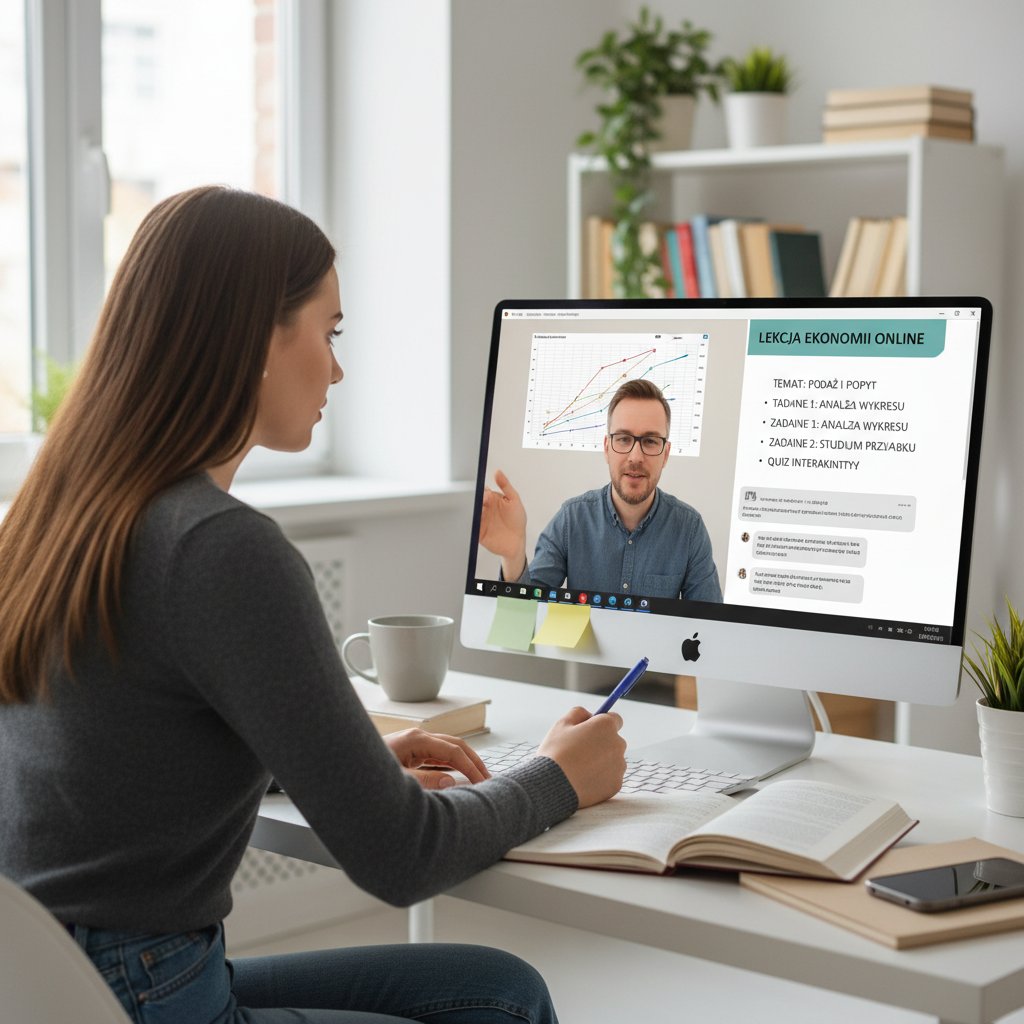 Lekcja ekonomii online, polski uczeń przy komputerze, ekran z wykresem i zadaniami