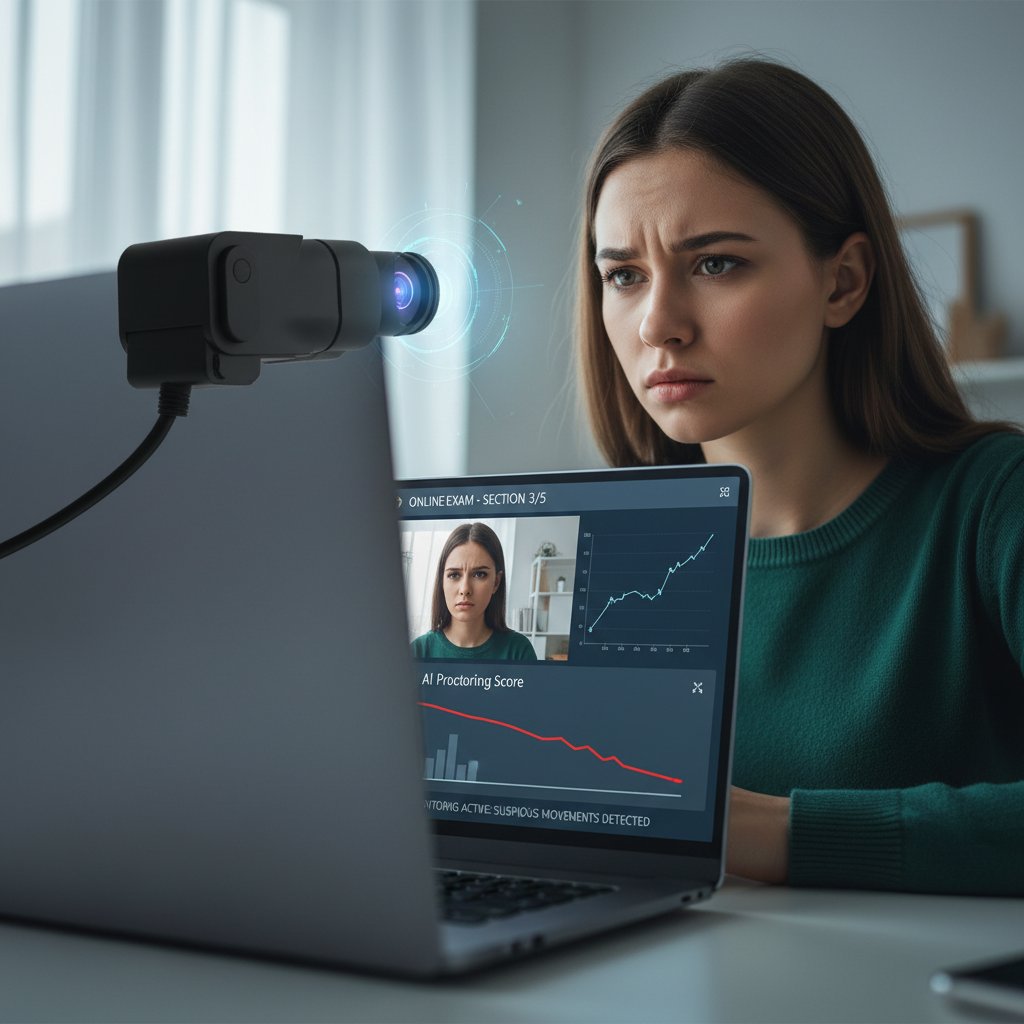 Egzaminator online korzystający z AI-proctoringu, kamera laptopa, monitoring, nowoczesne technologie nadzoru, wyraz twarzy – napięcie