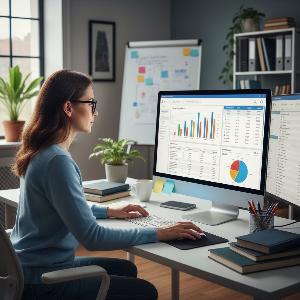 Egzaminator online sprawdza wyniki testów, dashboard z wynikami na ekranie, atmosfera pracy