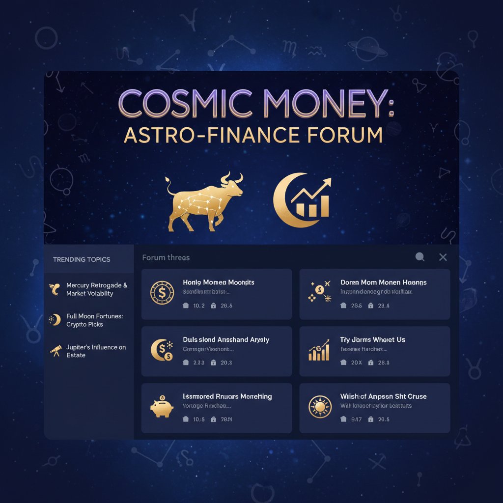 Interfejs forum internetowego z ikonami astrologii i finansów – dynamiczna scena, wiele aktywnych użytkowników