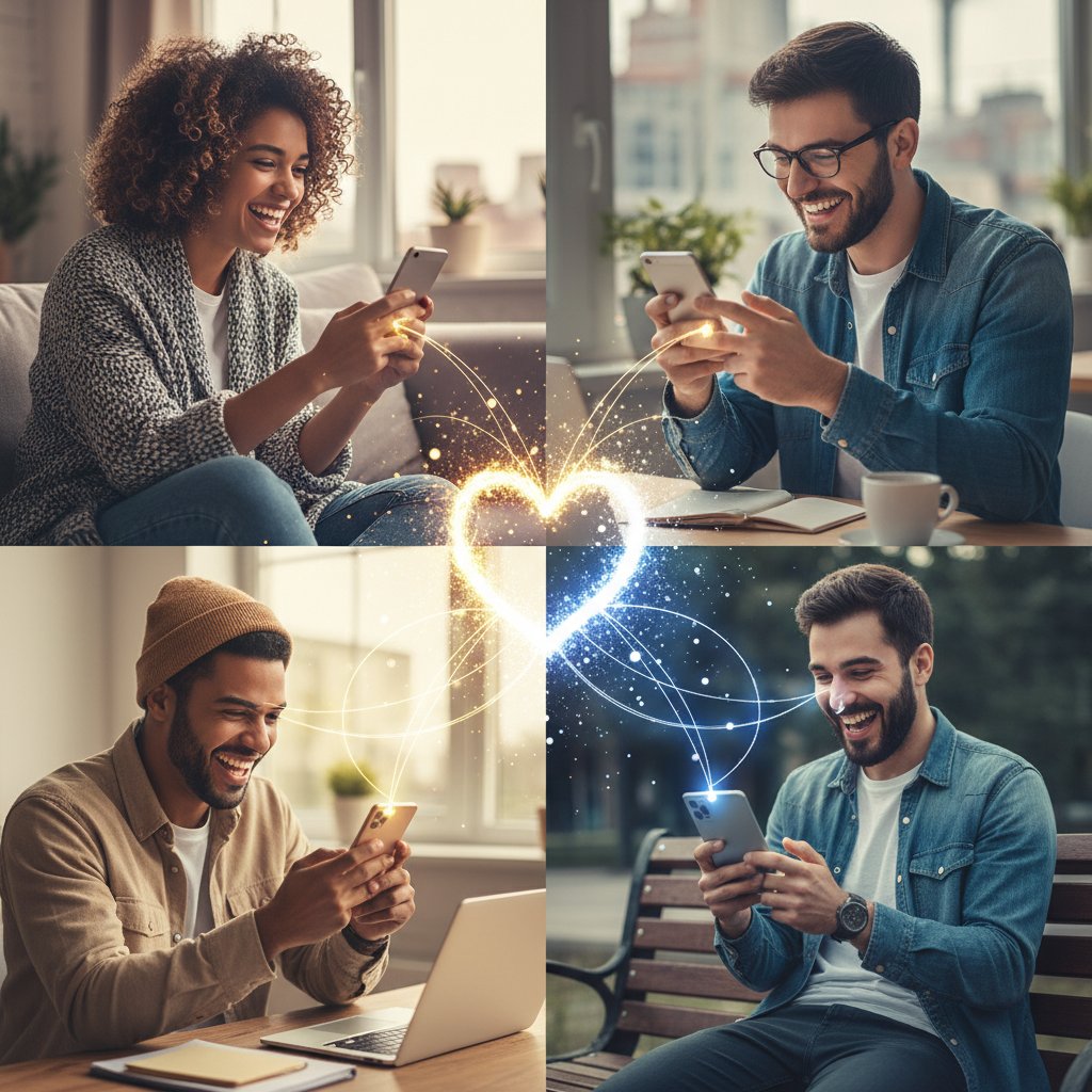 Młoda kobieta i mężczyzna rozmawiający online, z radością na twarzach