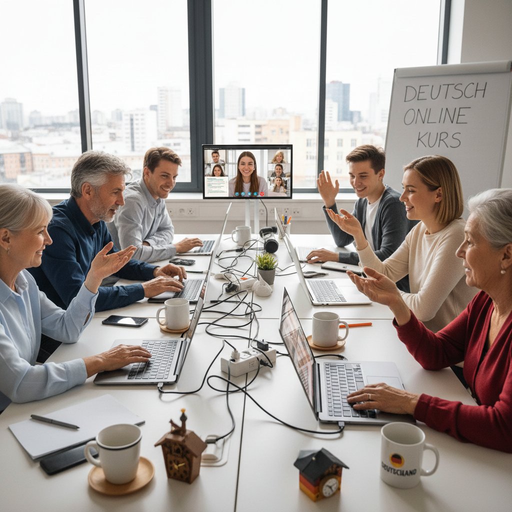 Grupa osób w różnym wieku uczestniczy w lekcji niemieckiego online, widoczne różne generacje przy komputerach