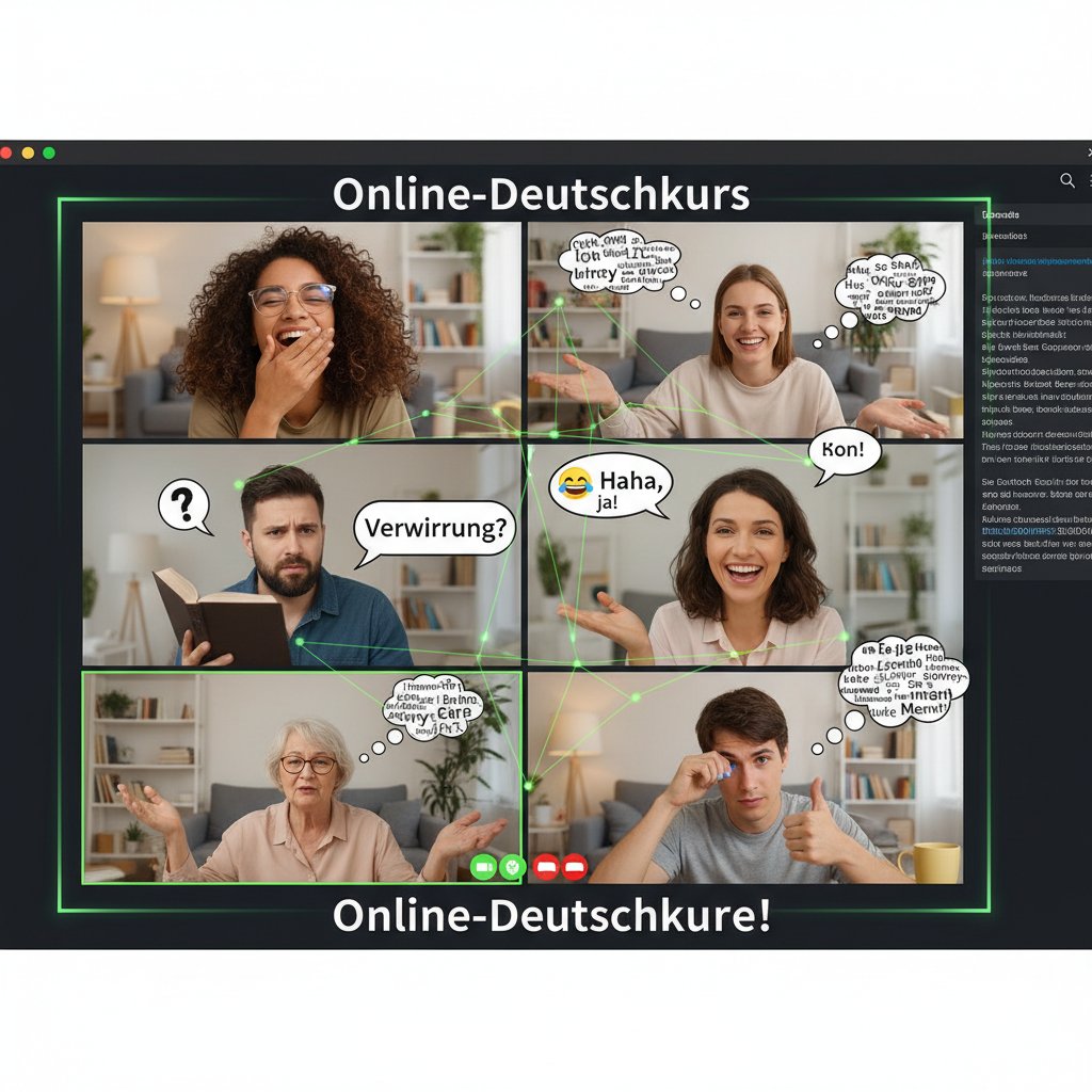 Grupa osób śmieje się podczas rozmowy online, jedna osoba wygląda na zdezorientowaną