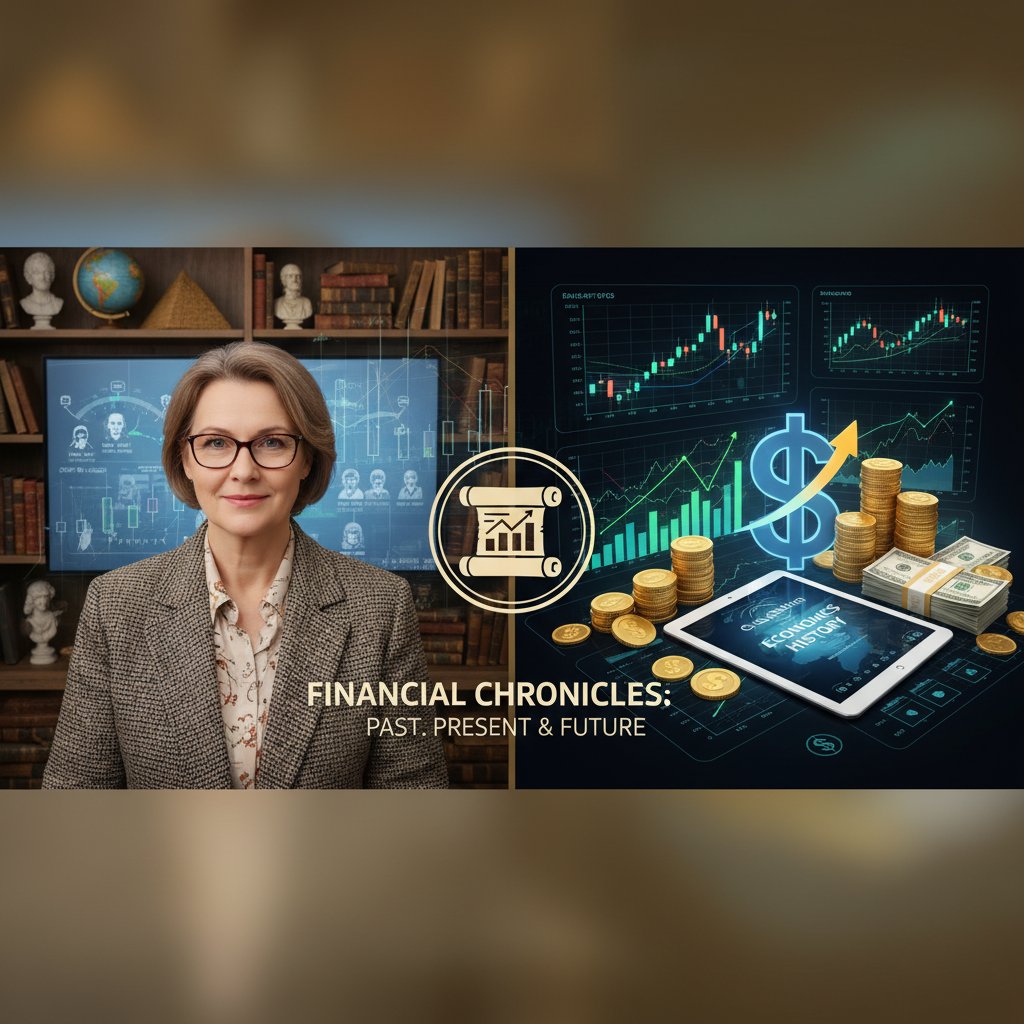 Portret nauczyciela historii online na tle wykresów finansowych i pieniędzy