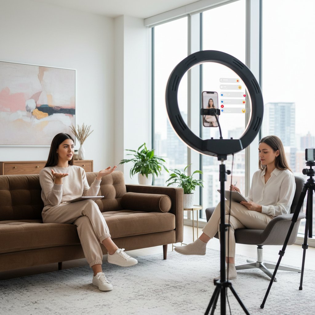 Influencer prowadzący sesję terapeutyczną online, światło ring lampy, komputer, stylizacyjny klimat