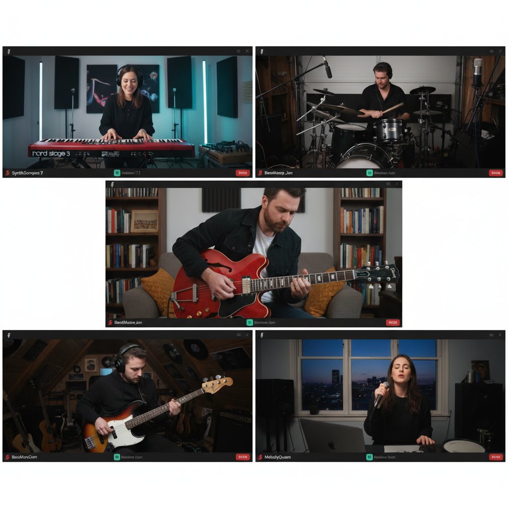 Grupa muzyków uczestnicząca w jam session online, ekrany z instrumentami