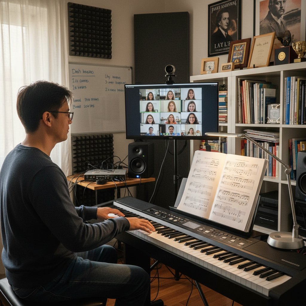 Portret nauczyciela keyboardu online z laptopem, nutami i klawiaturą, domowe studio