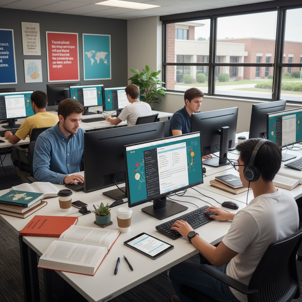 Zdający przygotowujący się do różnych egzaminów językowych online, różnorodne materiały i sprzęt