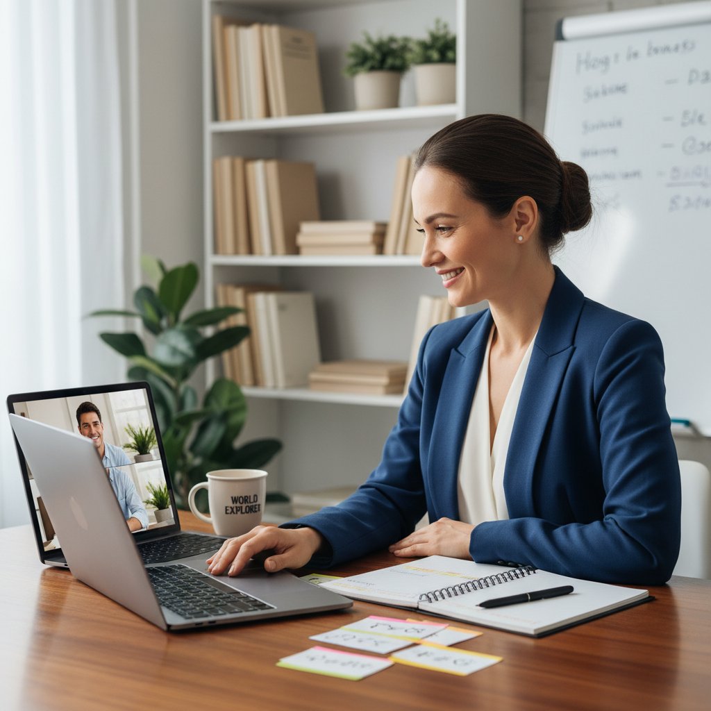 Nowoczesna lekcja online z nauczycielem, laptop i notatki, profesjonalny klimat, emocje
