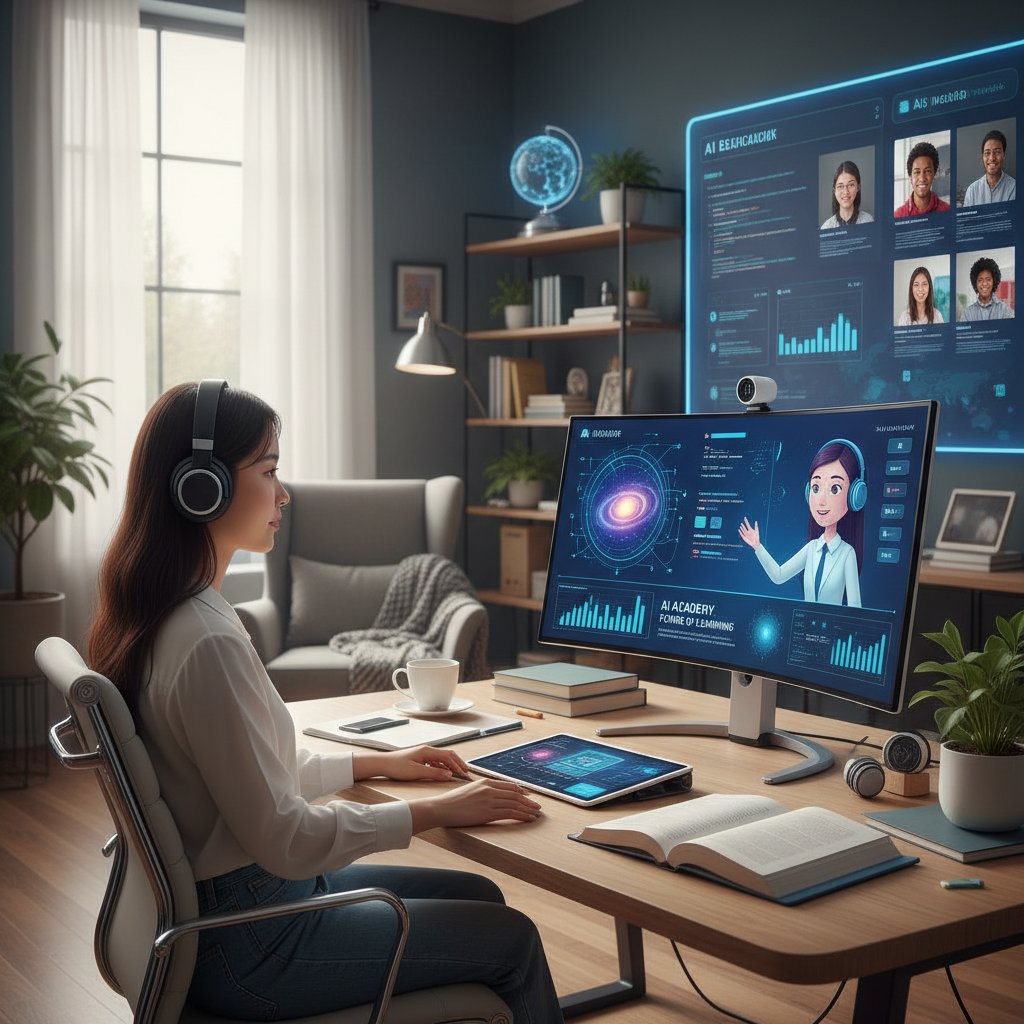 Współczesna nauka online, student z laptopem i aplikacją AI, domowe biuro