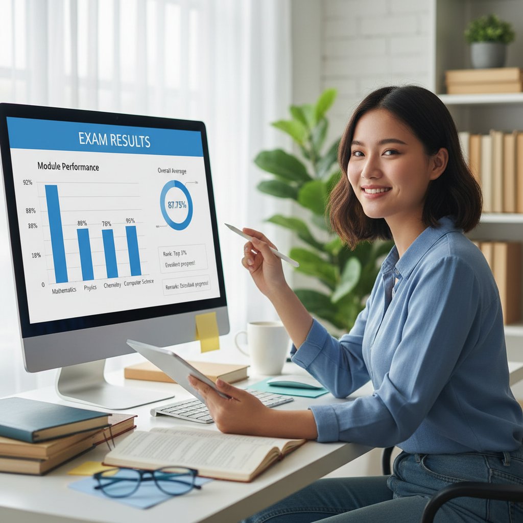 Interfejs nowoczesnej platformy z zadaniami maturalnymi i analizą wyników