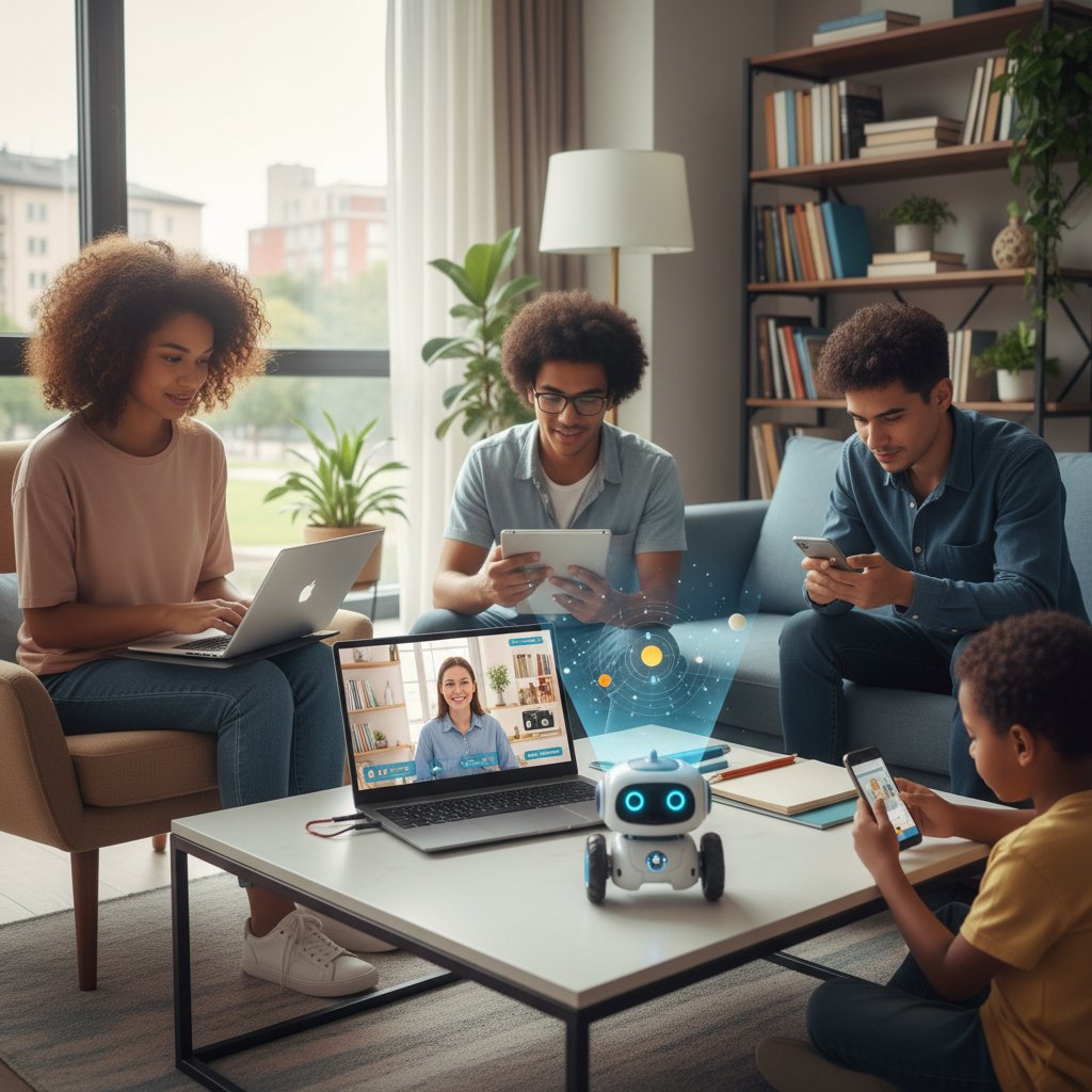 Uczniowie podczas lekcji online korzystają z różnych urządzeń: laptop, tablet, smartfon, robot edukacyjny