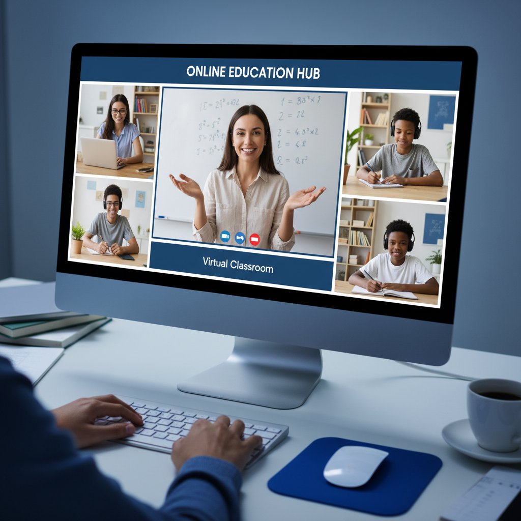 Ilustracyjne zdjęcie nauki online, uczniowie i nauczyciel przy komputerach