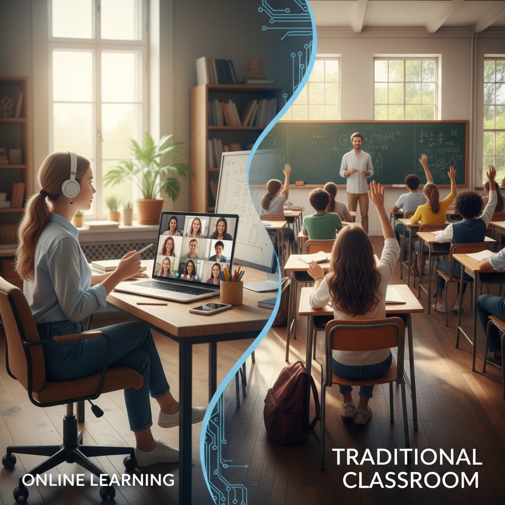 Porównanie nauki online i klasycznej – dwie osoby uczące się w różnych środowiskach