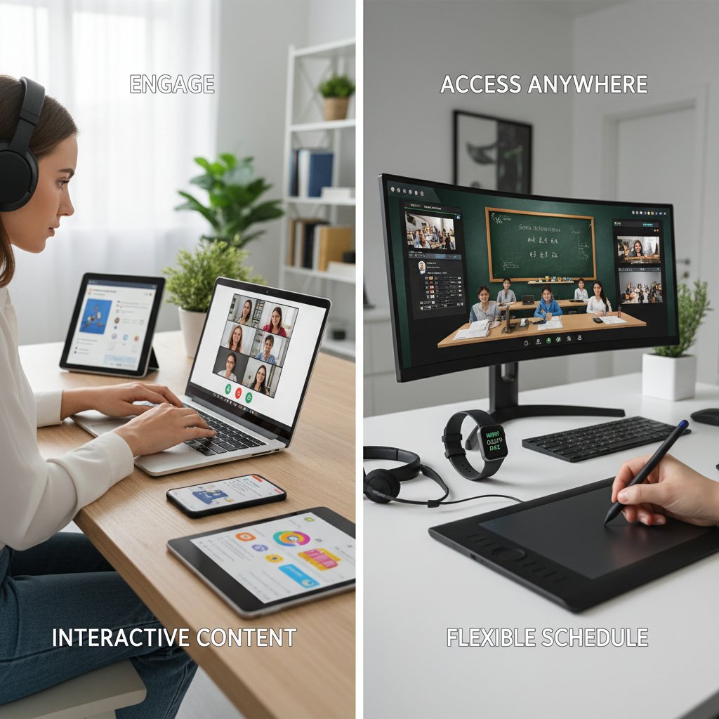 Ekrany różnych platform e-learningowych na urządzeniach – wybór kursu mobile development online