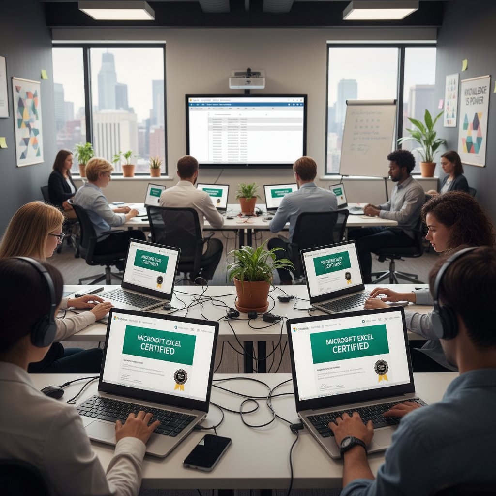 Nowoczesna sala nauki online, studenci z laptopami, ekran z certyfikatem Excela, jasne światło