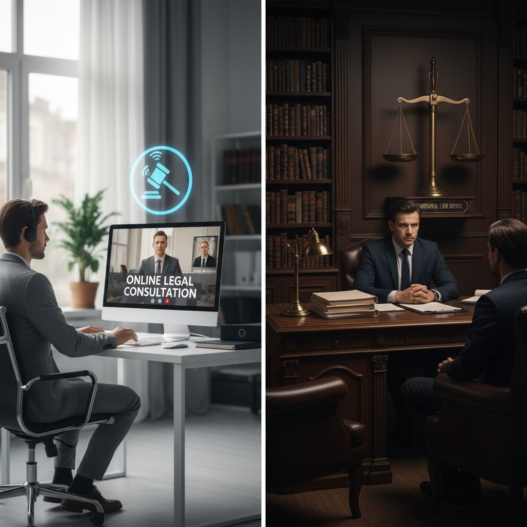 Kolaż: konsultacje online i tradycyjna kancelaria, dynamiczny obraz zmian