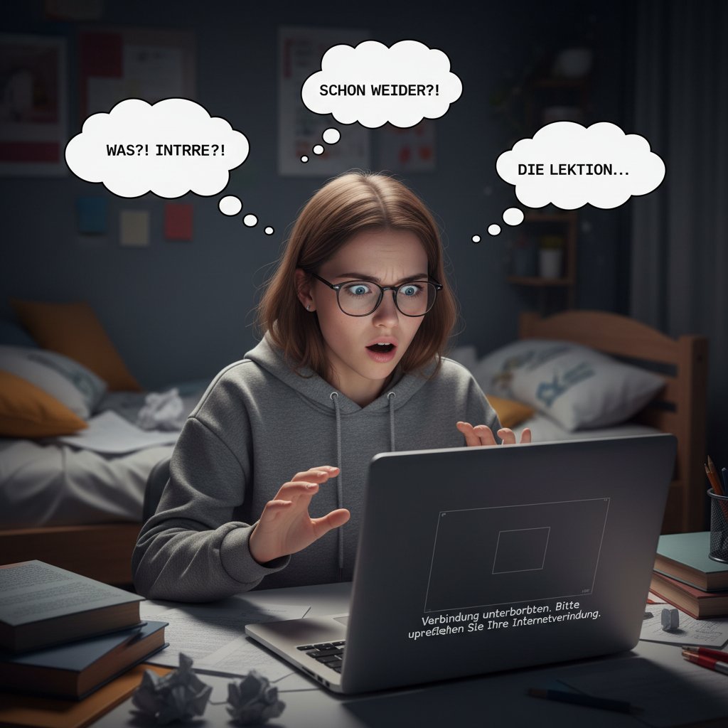 Osoba zaskoczona zniknięciem rozmówcy podczas lekcji niemieckiego online