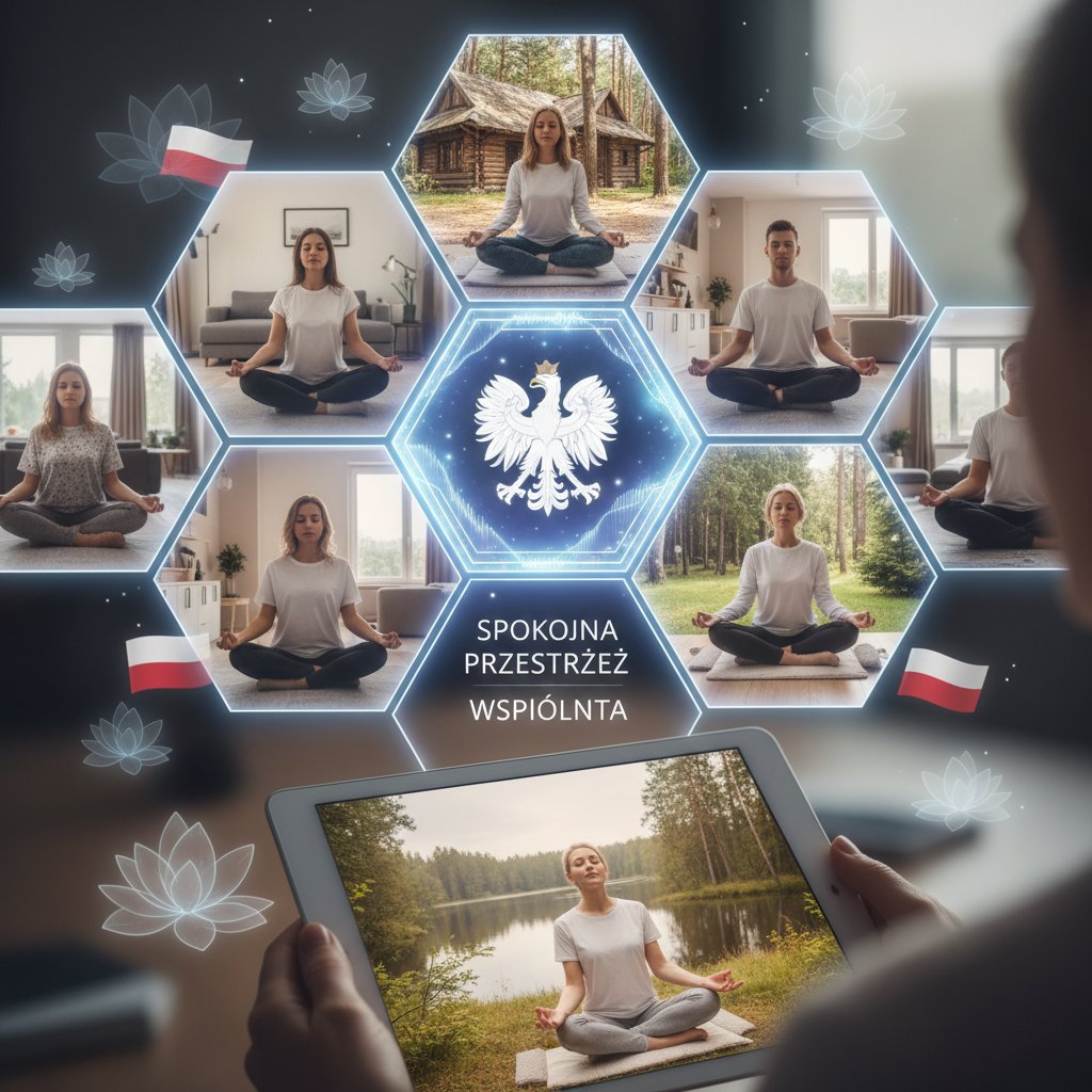Grupa osób uczestnicząca w medytacji online przez platformę AI, ekran komputera, wspólnota, polscy użytkownicy