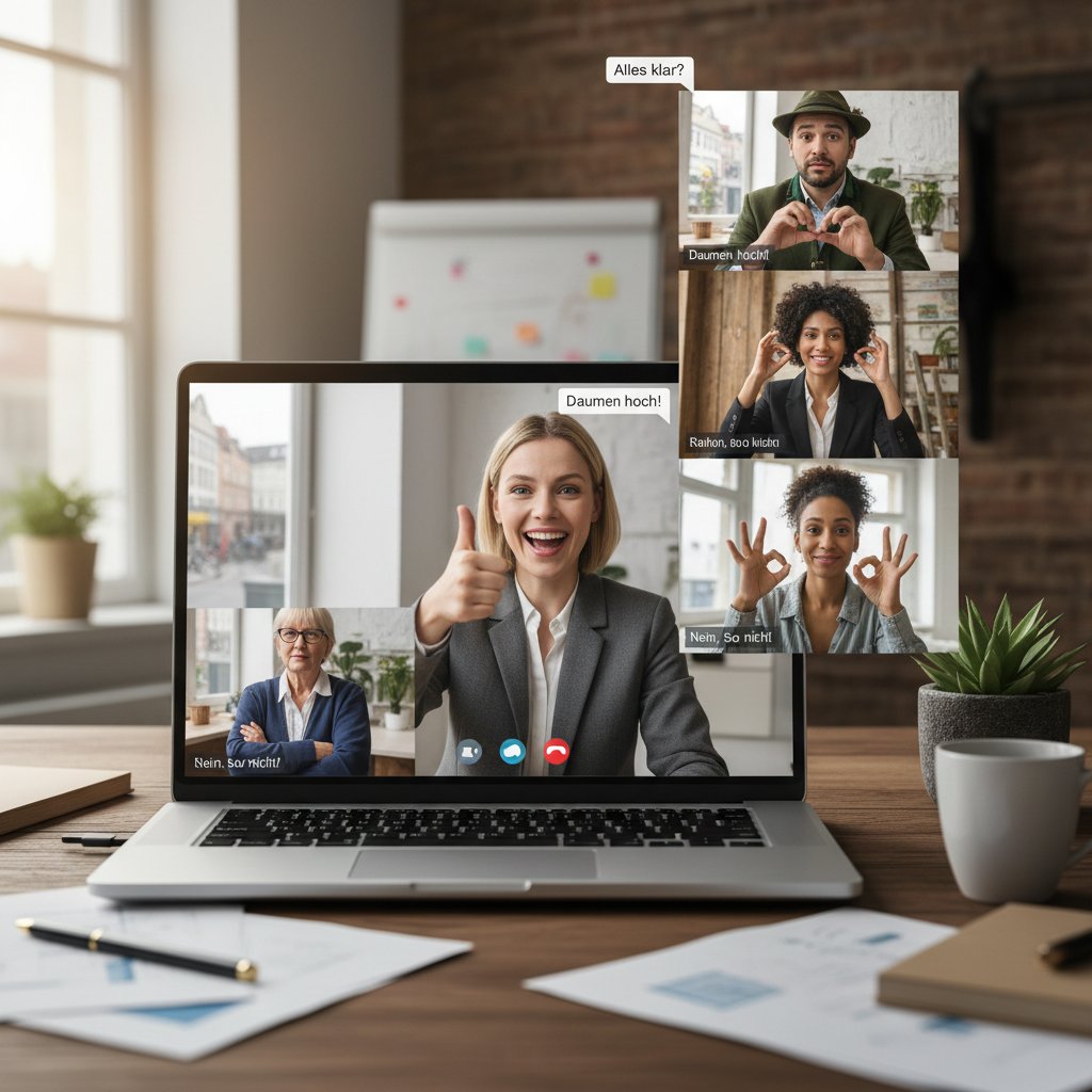 Spotkanie online z niemieckojęzyczną grupą, różnice kulturowe widoczne w gestach i mimice, laptop