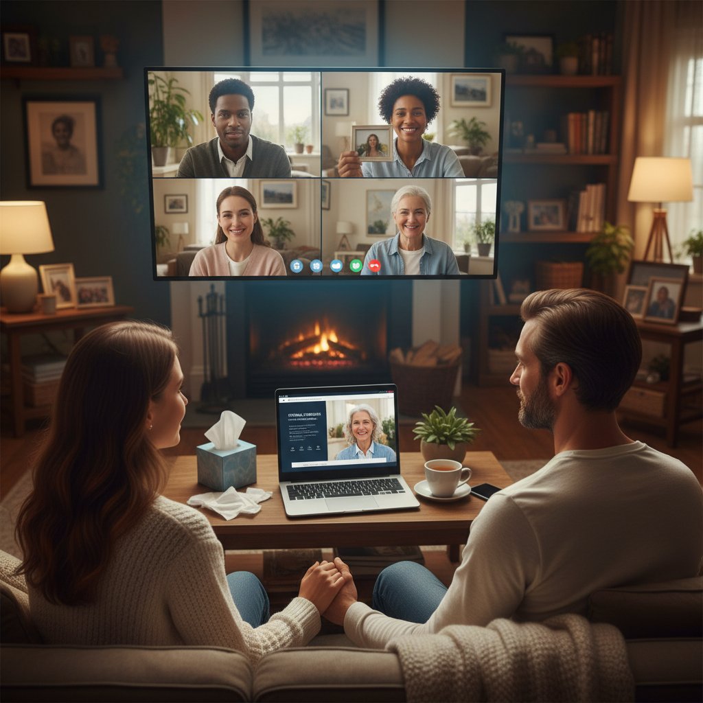 Diverse group video-calling a digital memorial service, online memorial planning, intimate home setting, bittersweet mood