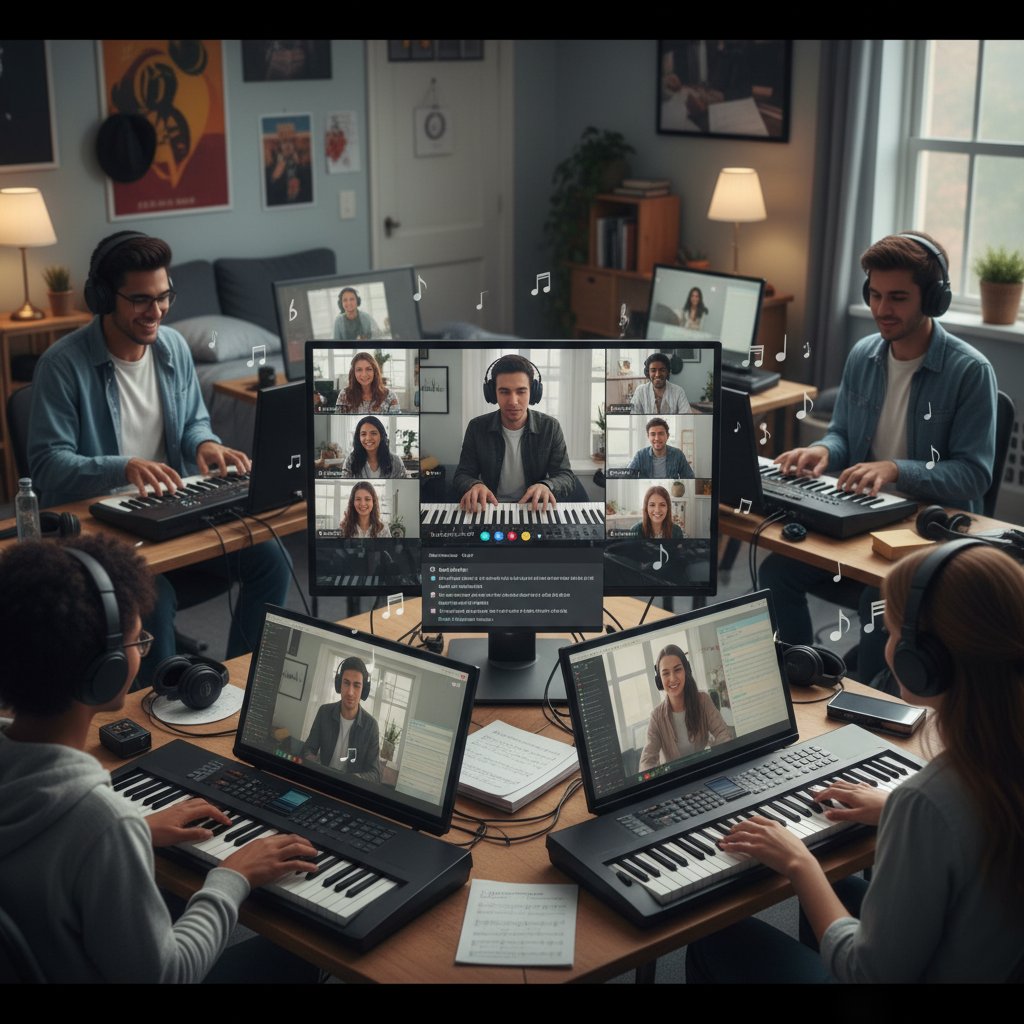 Grupa młodych ludzi uczestniczących w wirtualnej społeczności muzycznej, wspólna nauka online