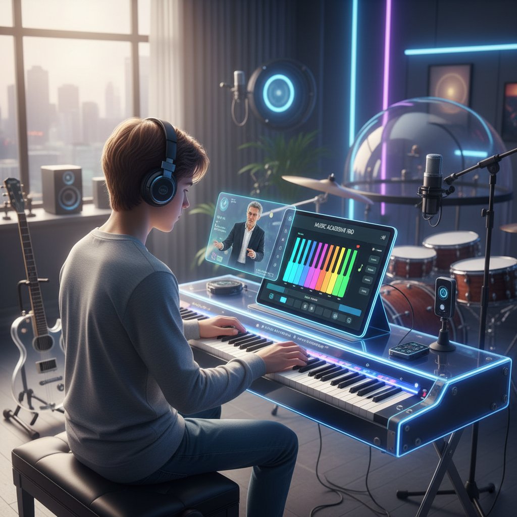 Sesja nauki muzyki online, uczeń korzystający z aplikacji i instrumentu, dynamiczny rozwój technologii